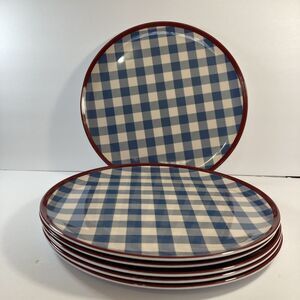 Set of 6 Blue Checkered Plates With Red Trim Melanmine